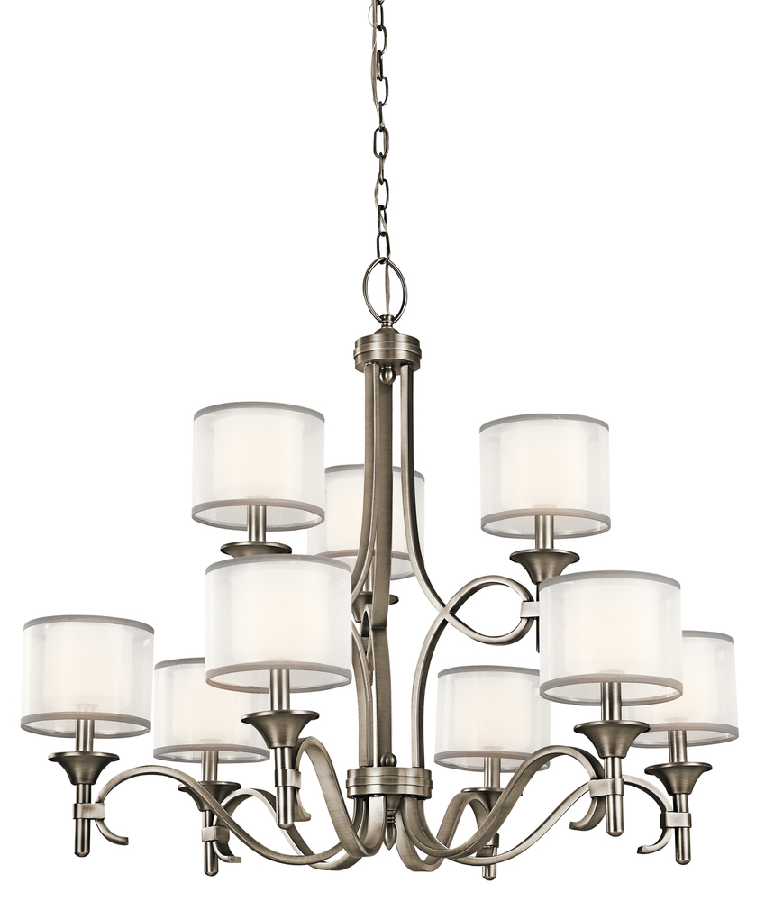 Lacey 29.5" 9 Light 2 Tier Chandelier with Satin Etched Cased Opal Inner Diffusers and White Tra