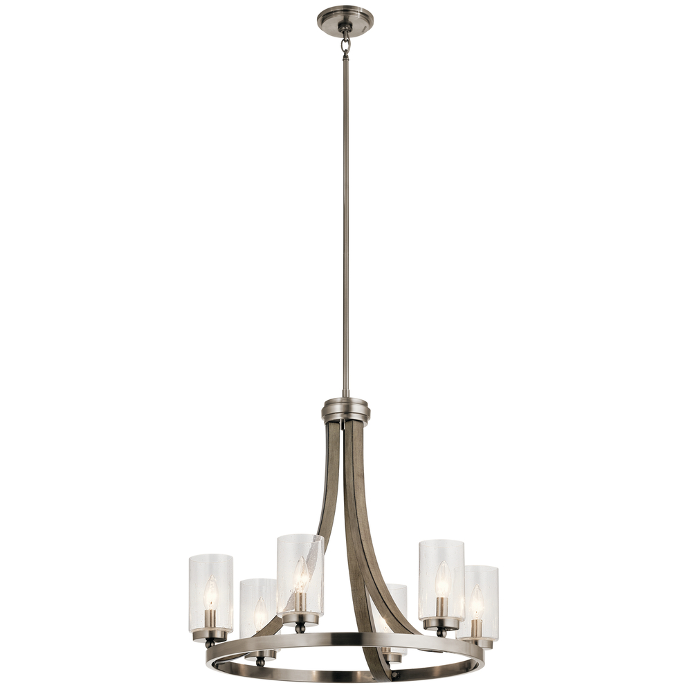 Grand Bank 22.5" 6 Light Chandelier with Clear Seeded Glass in Distressed Antique Gray Wood and 