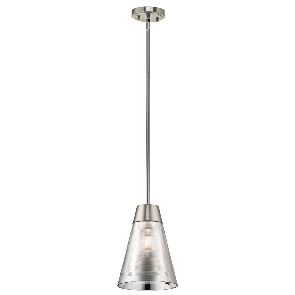 Rowland 11.5" 1 Light Mini Pendant with Striated Mirrored Glass in Brushed Nickel