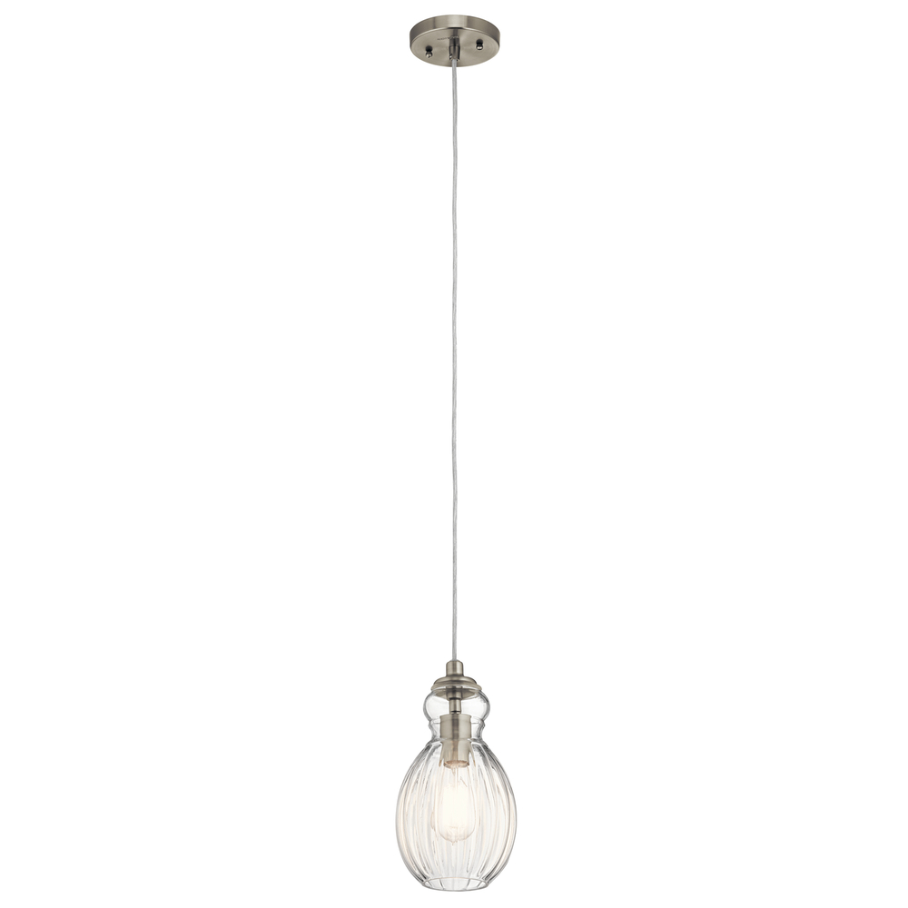 Riviera 11.25" 1 Light Pendant with Clear Ribbed Glass in Brushed Nickel