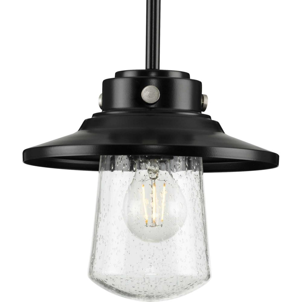 Tremont Collection One-Light Matte Black and Clear Seeded Glass Farmhouse Style Hanging Mini-Pendant