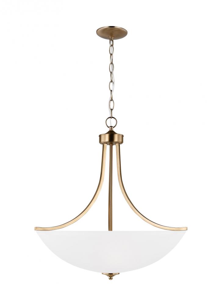 Geary traditional indoor dimmable large 4-light pendant in satin brass with a satin etched glass sha